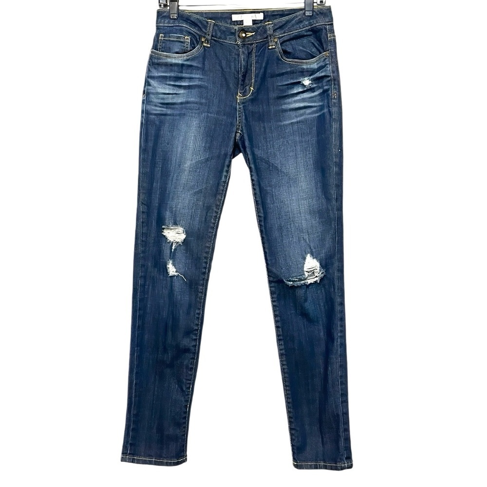 Boston Proper Womens Dark Wash Distressed Mid Rise Straight Leg Jeans Size 6